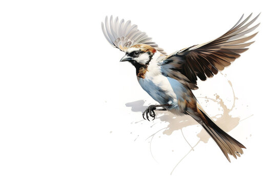 Beautiful watercolor painting of a sparrow bird spreading its wings to fly. Birds. Wildlife Animals. Illustration, Generative AI.