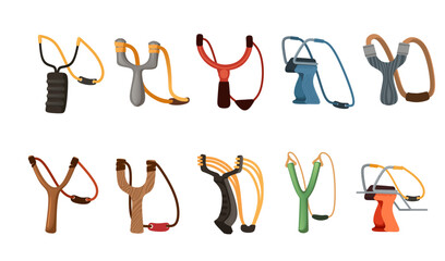 Set of professional and amatuer slingshots made from plastic or wood vector illustration isolated on white background