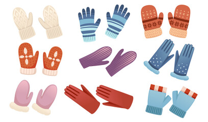 Set of warm textile pairs of winters gloves with different colors and texture vector illustration isolated on white background