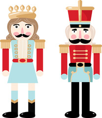 Figurine of a male Nutcracker in a cartoon style in blue and red colors. 2 illustration king and solder for Christmas card .