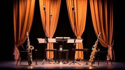 Saxophones, theater stage, music, brass, performance, jazz, instrument, concert, melody, show,...