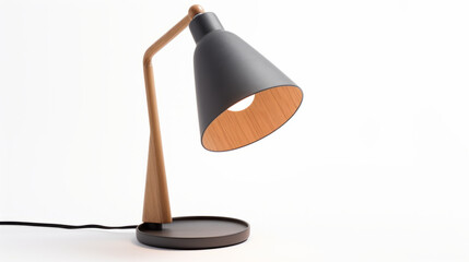 A minimalist gray and wood lamp on a clean white background