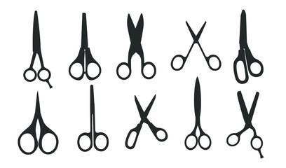 Black silhouette Set of different scissors models cutter tools simple cartoon design vector illustration isolated on white background