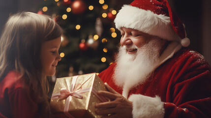 Fototapeta na wymiar Santa Claus giving gift to girl