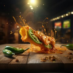 Pickled jalapeño slice dipped in spicy nacho cheese with splashes and waves - obrazy, fototapety, plakaty