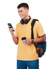 Happy man, student and phone in social media or communication isolated against a transparent PNG...