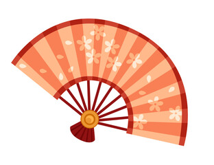 Classic asian style wooden hand fan with colorful drawing pattern vector illustration isolated on white background