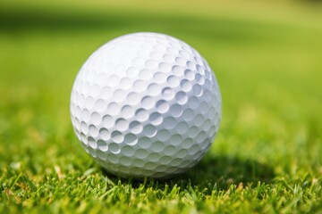 A golf ball on a vibrant green golf course
