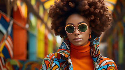 African woman with rainbow colors make up, wearing fashionable colorful sunglasses, in style of afrofuturism - obrazy, fototapety, plakaty