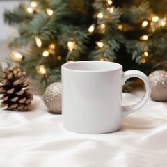 Empty white mug on vintage glamorous christmas decoration background