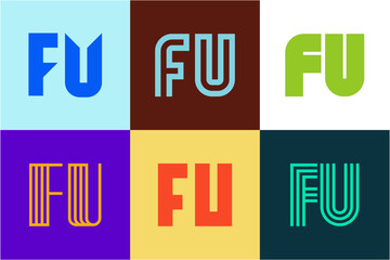 Set of letter FU logos. Abstract logos collection with letters. Geometrical abstract logos