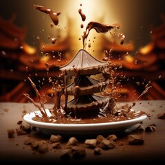 Fortune cookie dipped in chocolate with splashes and waves - obrazy, fototapety, plakaty