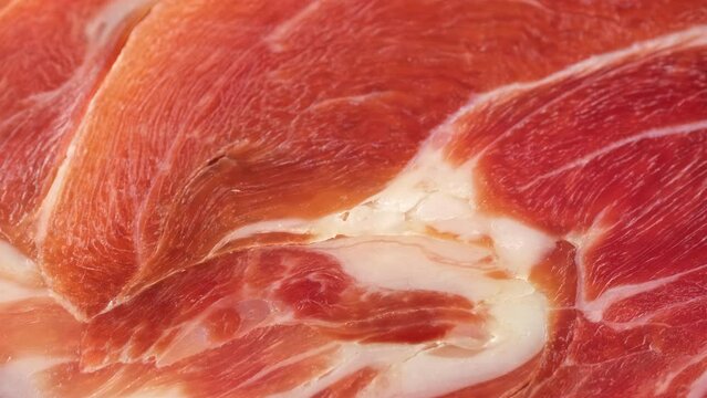 Jamon iberico macro, slider shot. Spanish ham pork for tapas