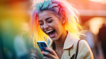 Happy young woman with colored hair colorful clothes and a smart mobile phone in her hands laughs and screams with joy while looking at the device screen