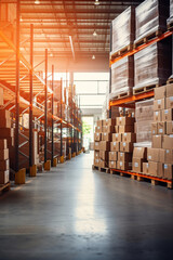 Vertical view of a retail warehouse full of shelves with goods in cartons, with pallets and forklifts and sun light. Logistics and transportation blurred background. Product distribution center. - obrazy, fototapety, plakaty
