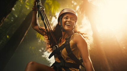 Young woman engaged in a thrilling ziplining adventure through a dense rainforest canopy. She soars above the treetops, her laughter and excitement echoing through the jungle. - Powered by Adobe