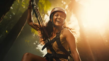 Zelfklevend Fotobehang Young woman engaged in a thrilling ziplining adventure through a dense rainforest canopy. She soars above the treetops, her laughter and excitement echoing through the jungle. © Keitma
