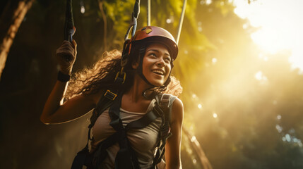 Young woman engaged in a thrilling ziplining adventure through a dense rainforest canopy. She soars above the treetops, her laughter and excitement echoing through the jungle.