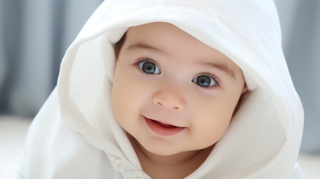 Portrait of cute baby boy with blue eyes wearing white hood., closeup