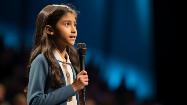 Young kid girl participating in a national spelling bee competition. She stands confidently at the microphone on stage, spelling challenging words with precision in front of the audience
