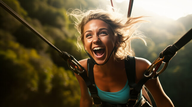 Young woman engaged in a thrilling ziplining adventure through a dense rainforest canopy. She soars above the treetops, her laughter and excitement echoing through the jungle.