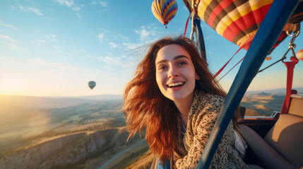 Young woman in a high-altitude hot air balloon , she's in the gondola of a colorful balloon, floating gracefully over picturesque landscapes
