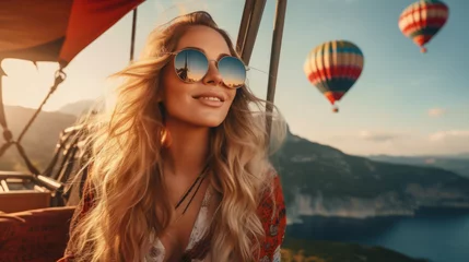 Fotobehang Young woman in a high-altitude hot air balloon , she's in the gondola of a colorful balloon, floating gracefully over picturesque landscapes © Keitma