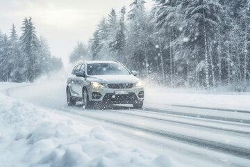 Icy Road Journey: SUV in Snowy Weather - obrazy, fototapety, plakaty