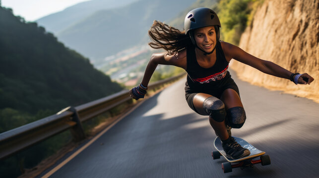Young woman participating in a high-speed downhill longboarding race. She leans into sharp turns, hurtling down a winding mountain road, and the adrenaline rush is palpable in the photo.