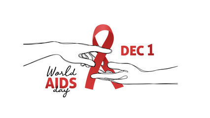 World Aids Day Banner With Hand Drawn Helping Hand and Red Ribbon Illustration
