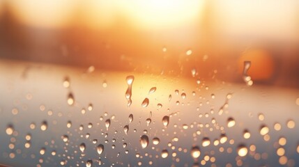Raindrops on a window with a sunlit background - obrazy, fototapety, plakaty