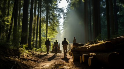 Lumberjacks, team, forest, downed trees, wood, logging, timber, workers, chainsaw, cutting, industry, nature - Powered by Adobe