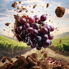 Grape dipped in wine with splashes and waves a vineyard landscape - obrazy, fototapety, plakaty