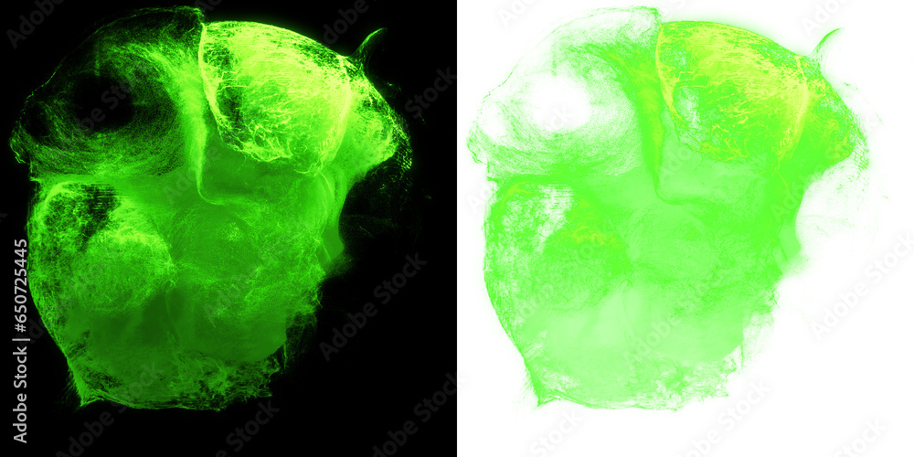 Poster abstract particle sphere, featuring energetic green tones. isolated on black and transparent backgro