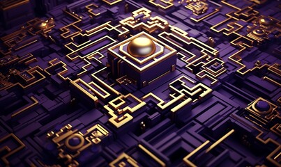 geometric background illustration with purple grid and gold border, Generative Ai