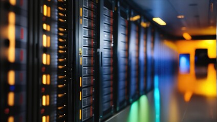 Modern Server Room Technology. A futuristic server setup for tech enthusiasts, featuring advanced computer racks and network connections..