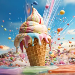 Ice cream cone submerged in rainbow sherbet with splashes and waves - obrazy, fototapety, plakaty
