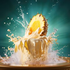 Pineapple slice dipped in piña colada with splashes and waves - obrazy, fototapety, plakaty