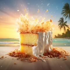 Coconut slice immersed in piña colada with splashes and waves - obrazy, fototapety, plakaty