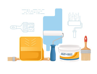 Home renovation with paint roller and acryl matt vector illustration isolated on white background