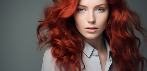 Fototapeta premium Portrait of beautiful young woman with red hair and freckles isolated on light grey background