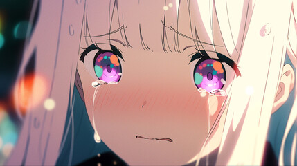 anime shy crybaby beautiful girl screenshot, gradient color background - obrazy, fototapety, plakaty