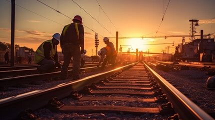 Railway workers, sunset, tracks, labor, industry, construction, team, silhouette, job, transportation, infrastructure - obrazy, fototapety, plakaty