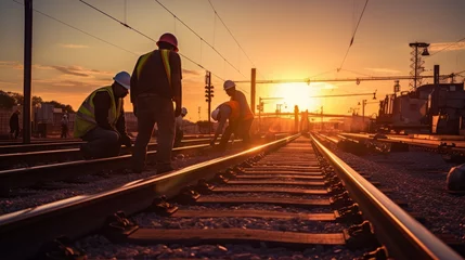 Foto op Aluminium Railway workers, sunset, tracks, labor, industry, construction, team, silhouette, job, transportation, infrastructure © Tyler McCormick