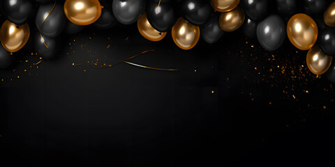 Fototapeta na wymiar Gold and black balloons on black background