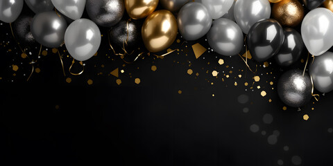 Gold and black balloons on black background