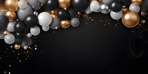 Gold and black balloons on black background