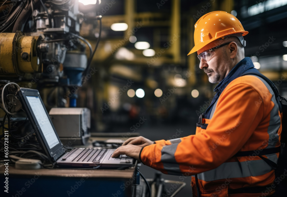 Poster man working with laptop in a factory. adjustment or calibration of equipment at the factory