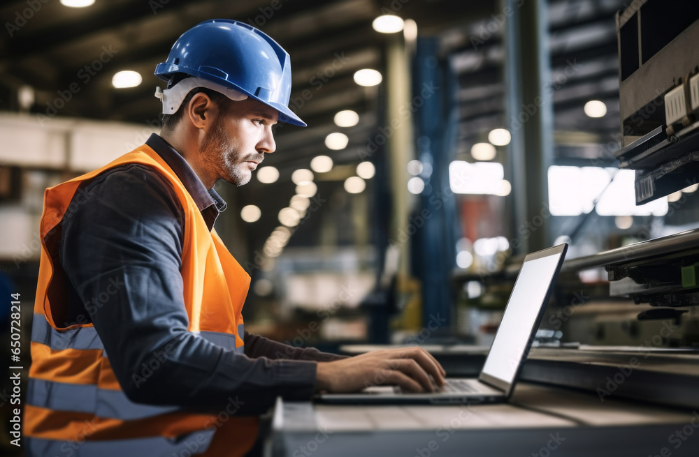 Poster man working with laptop in a factory. adjustment or calibration of equipment at the factory