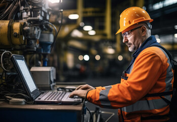 Man working with laptop in a factory. Adjustment or calibration of equipment at the factory